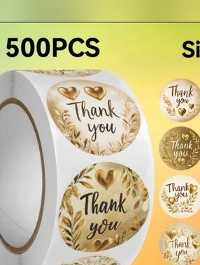 500 pieces/1 roll Golden Brown Hearts Thank you stickers